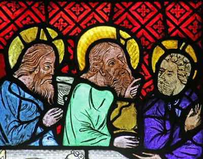 Fenster, das drei Figuren bei der Hochzeit zu Kana darstellt von French School